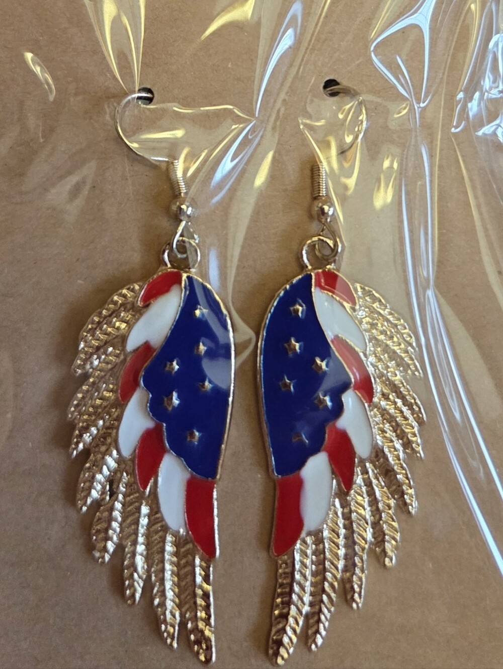 Patriotic Gold Wing Earrings with Red, White & Blue Enamel
